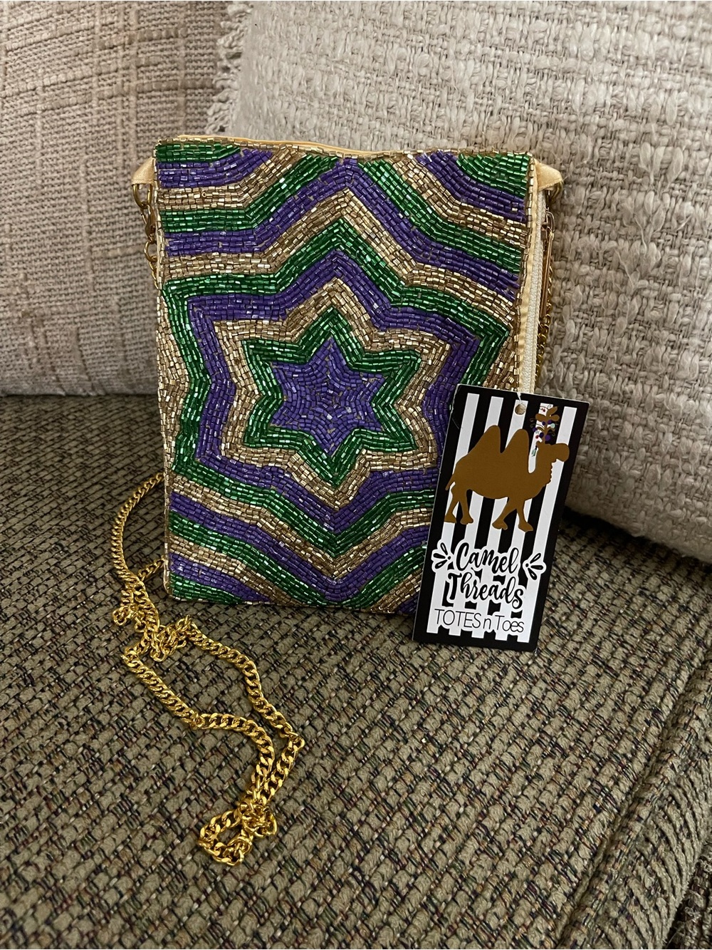 Camel Threads Beaded Crossbody Bag in Green, Purple & Gold